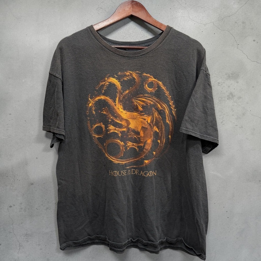 House of the Dragon Targaryen Sigil Graphic T-Shirt Mens XL Faded Black Gold Y2K